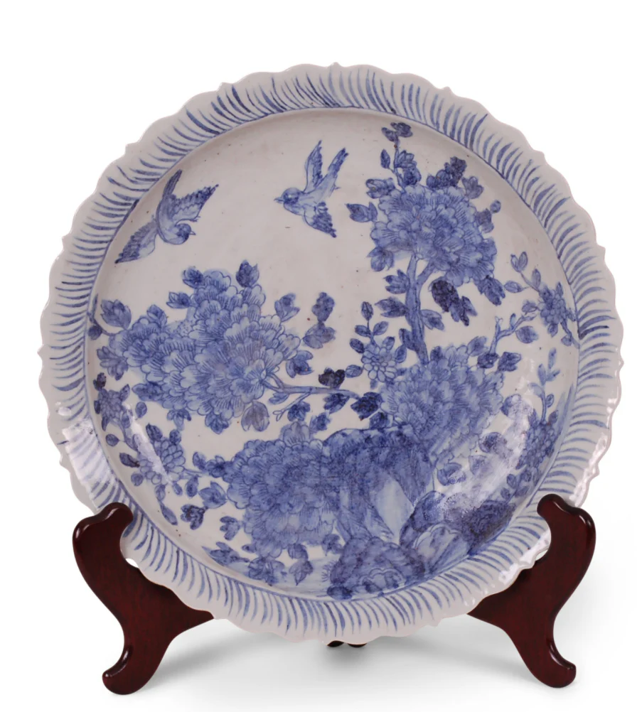 17" Blue and White Bird and Flower Charger
