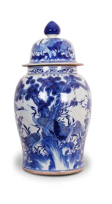28" Blue and White Crane Jar